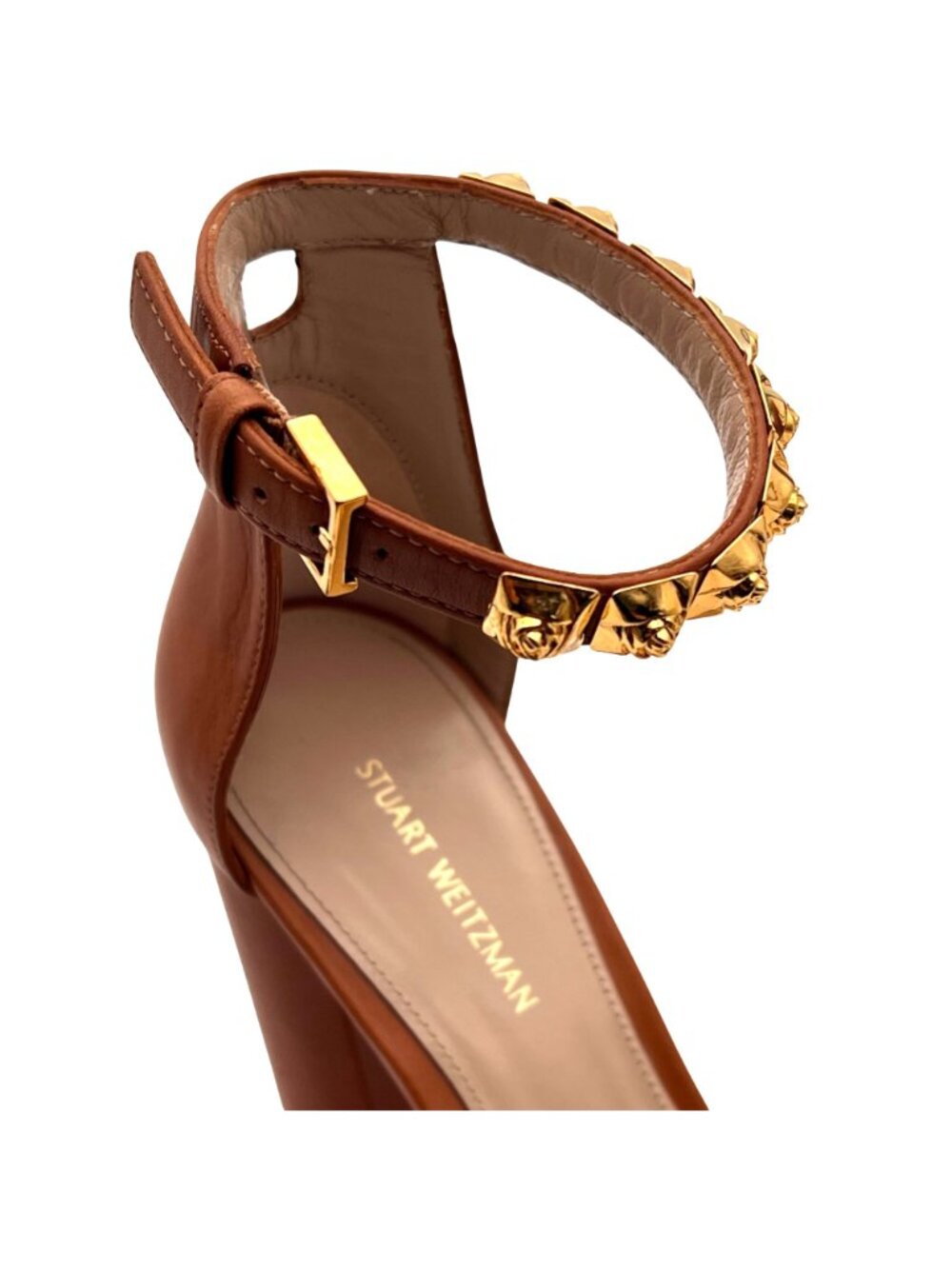 Stuart Weitzman Rosemarie Cognac Gold Stud Block Heels Ankle Strap 7.5B Spain - Picture 16 of 16